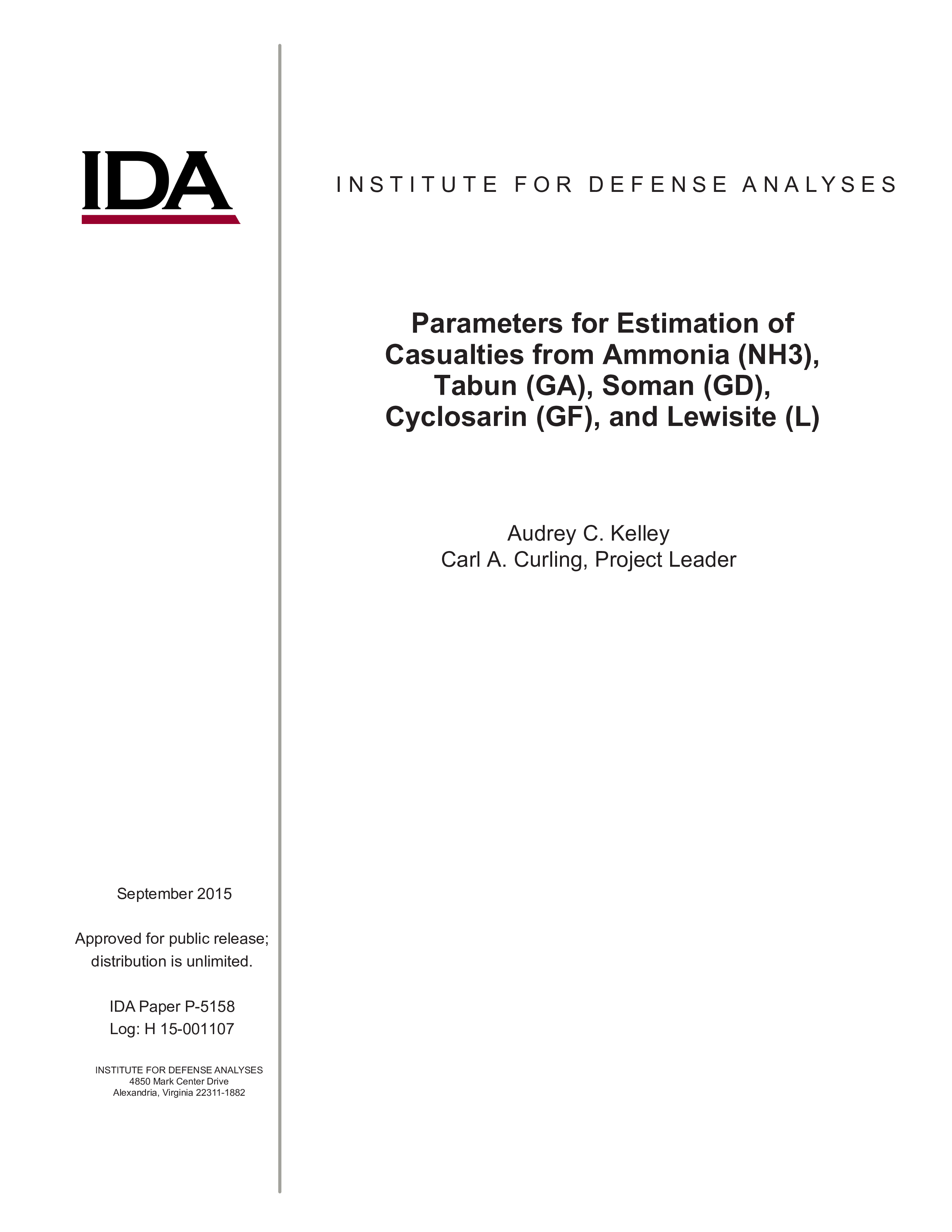 Parameters for Estimation of Casualties from Ammonia (NH3), Tabun (GA), Soman (GD), Cyclosarin (GF), and Lewisite (L)