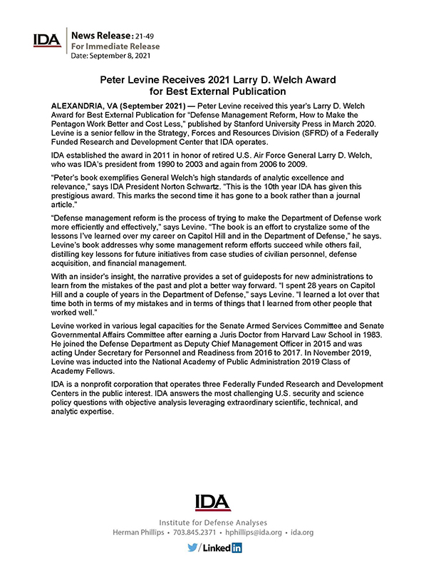 thumbnail, Peter Levine Receives 2021 Larry D. Welch Award for Best External Publication
