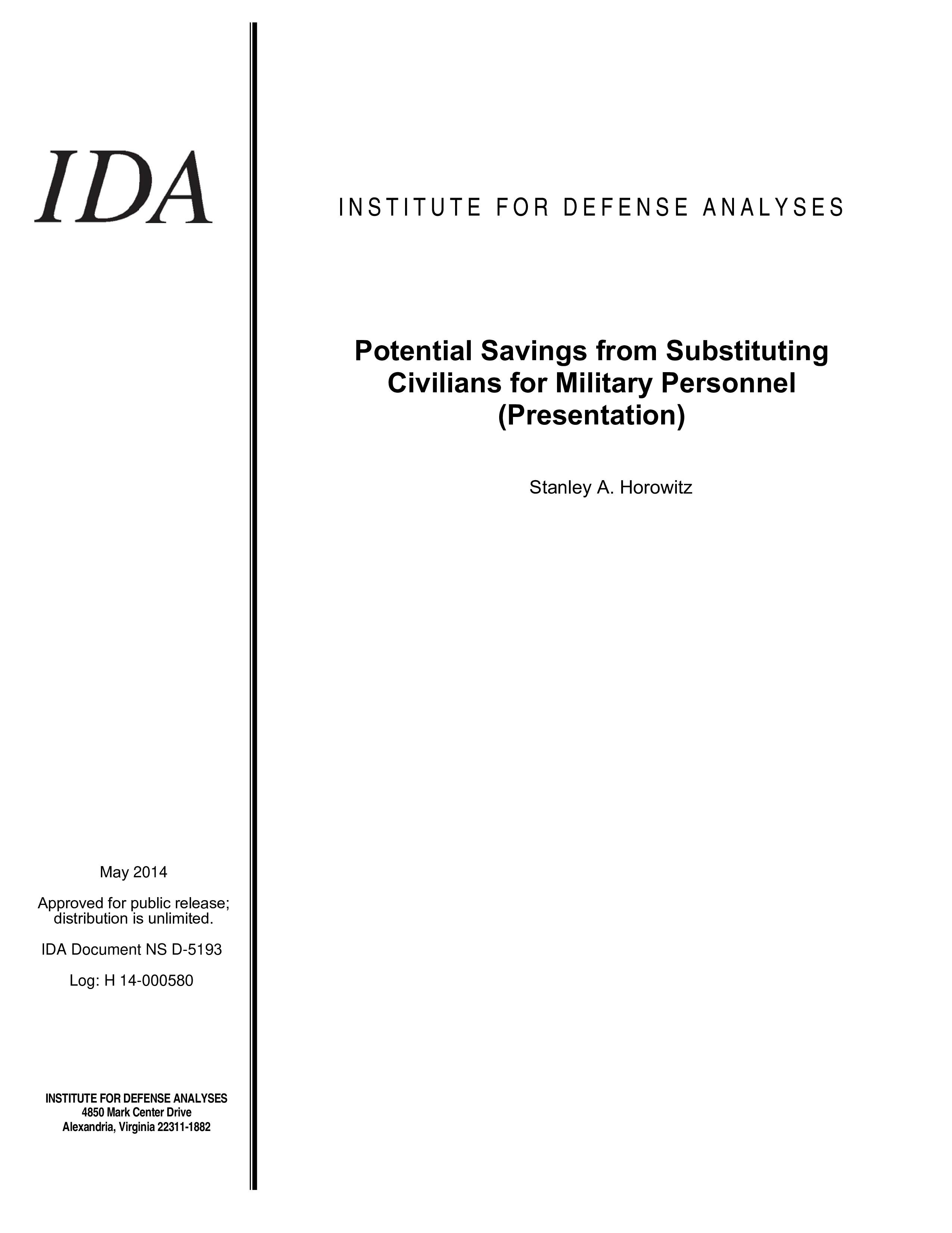 Potential Savings from Substituting Civilians for Military Personnel (Presentation)
