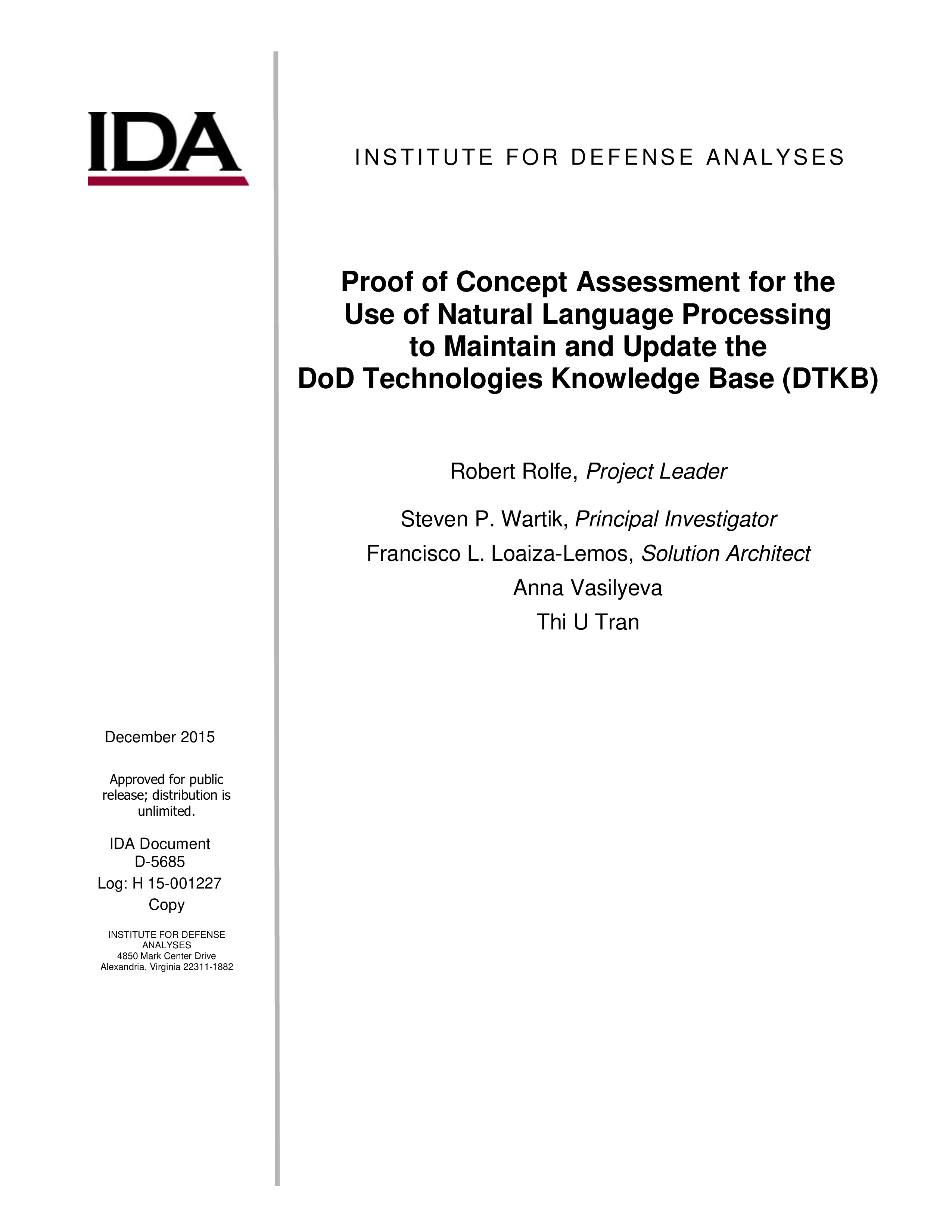Proof of Concept Assessment for the Use of Natural Language Processing to Maintain and Update the DoD Technologies Knowledge Base (DTKB)