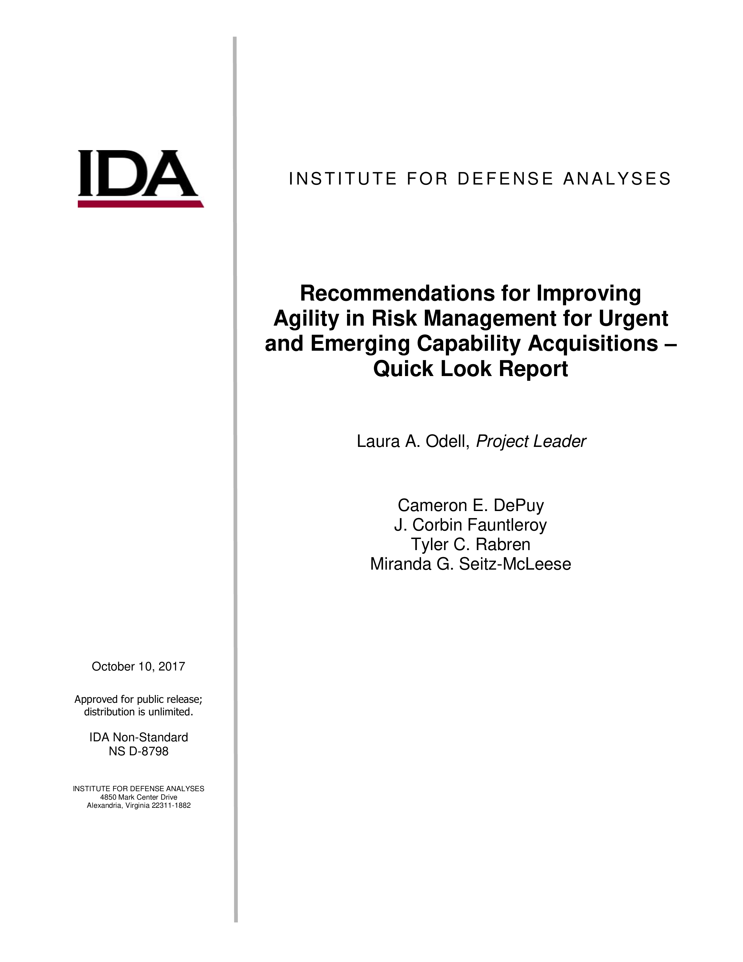 Recommendations for Improving Agility in Risk Management for Urgent and Emerging Capability Acquisitions – Quick Look Report