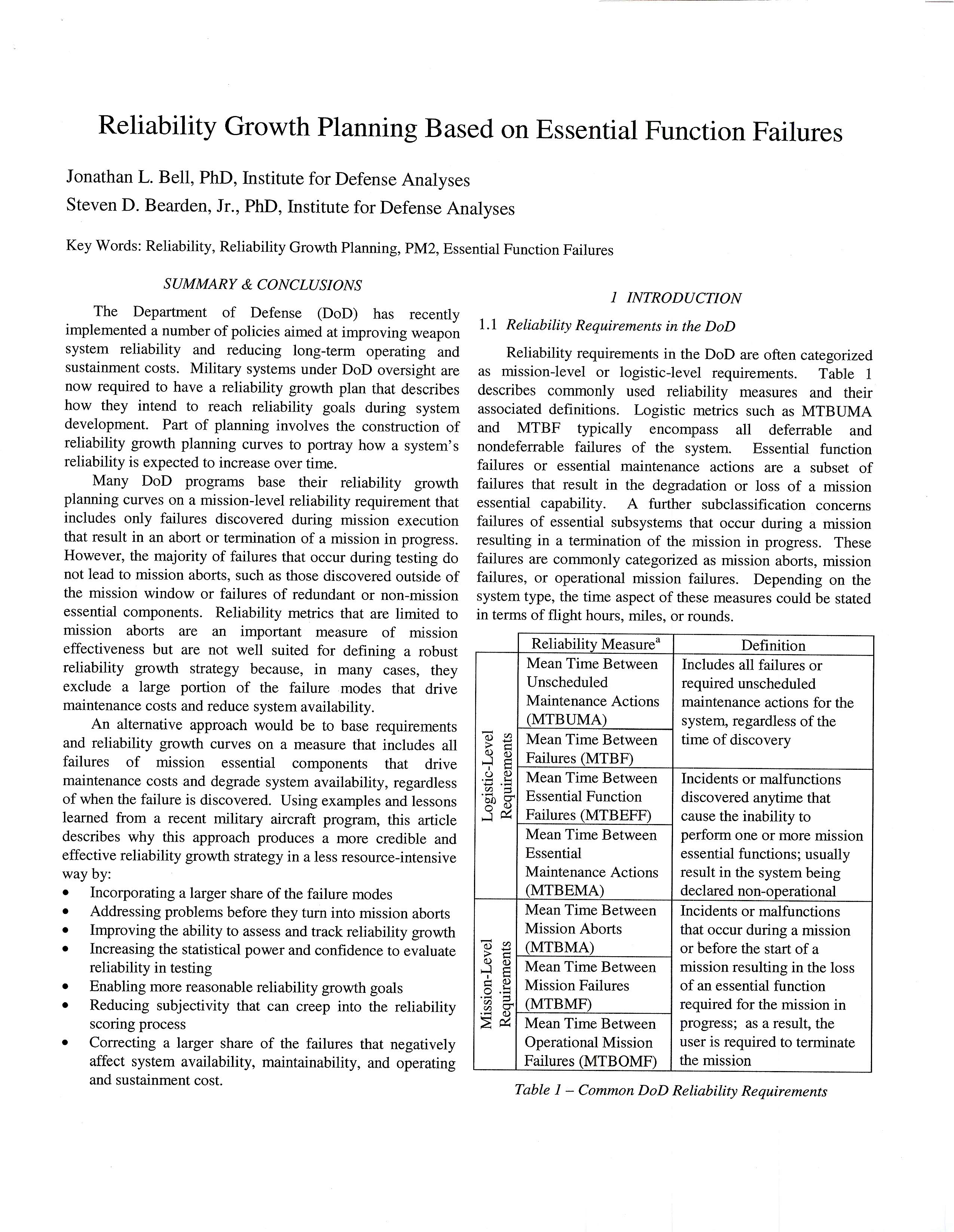Reliability Growth Planning Based on Essential 