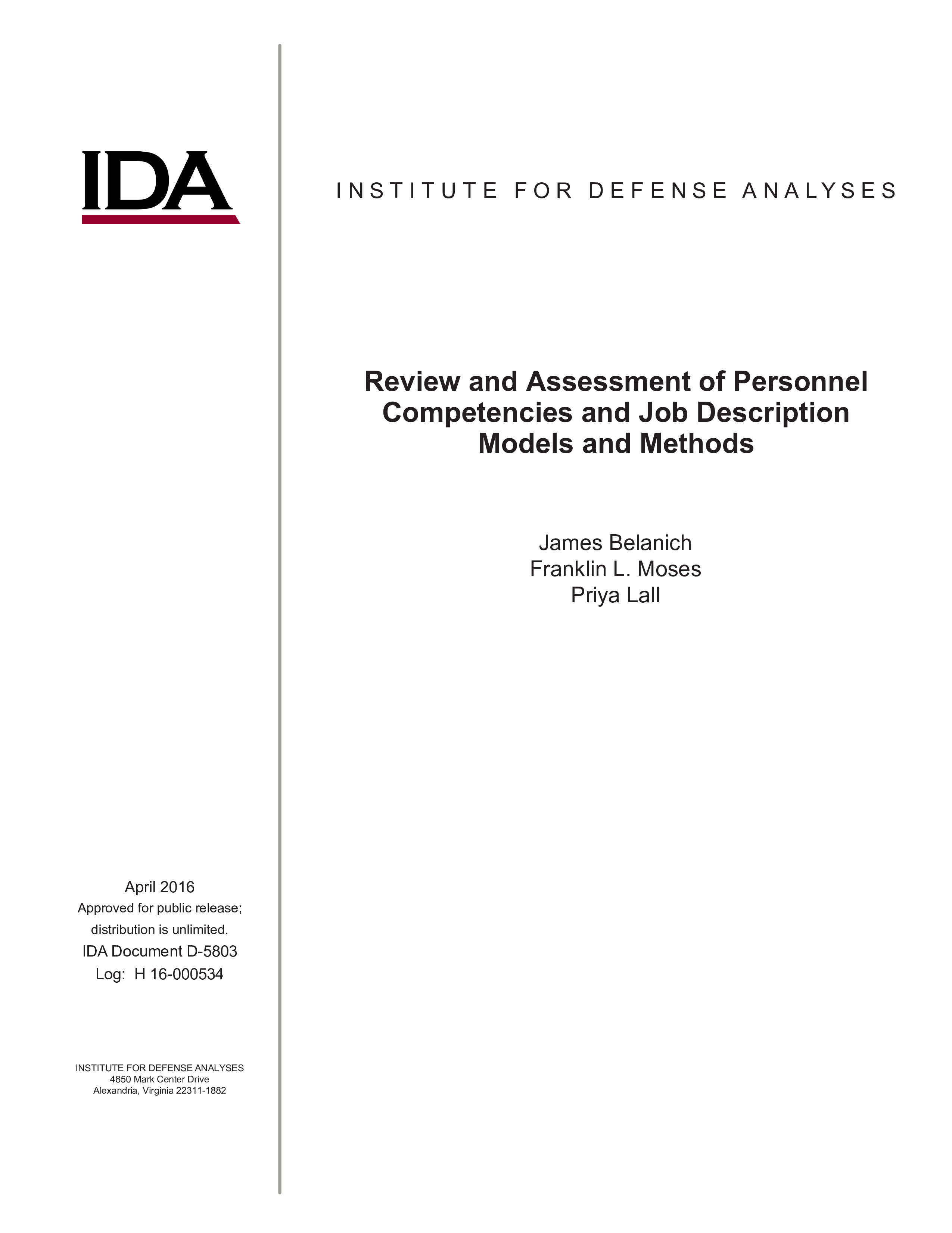 Review and Assessment of Personnel Competencies and Job Description Models and Methods