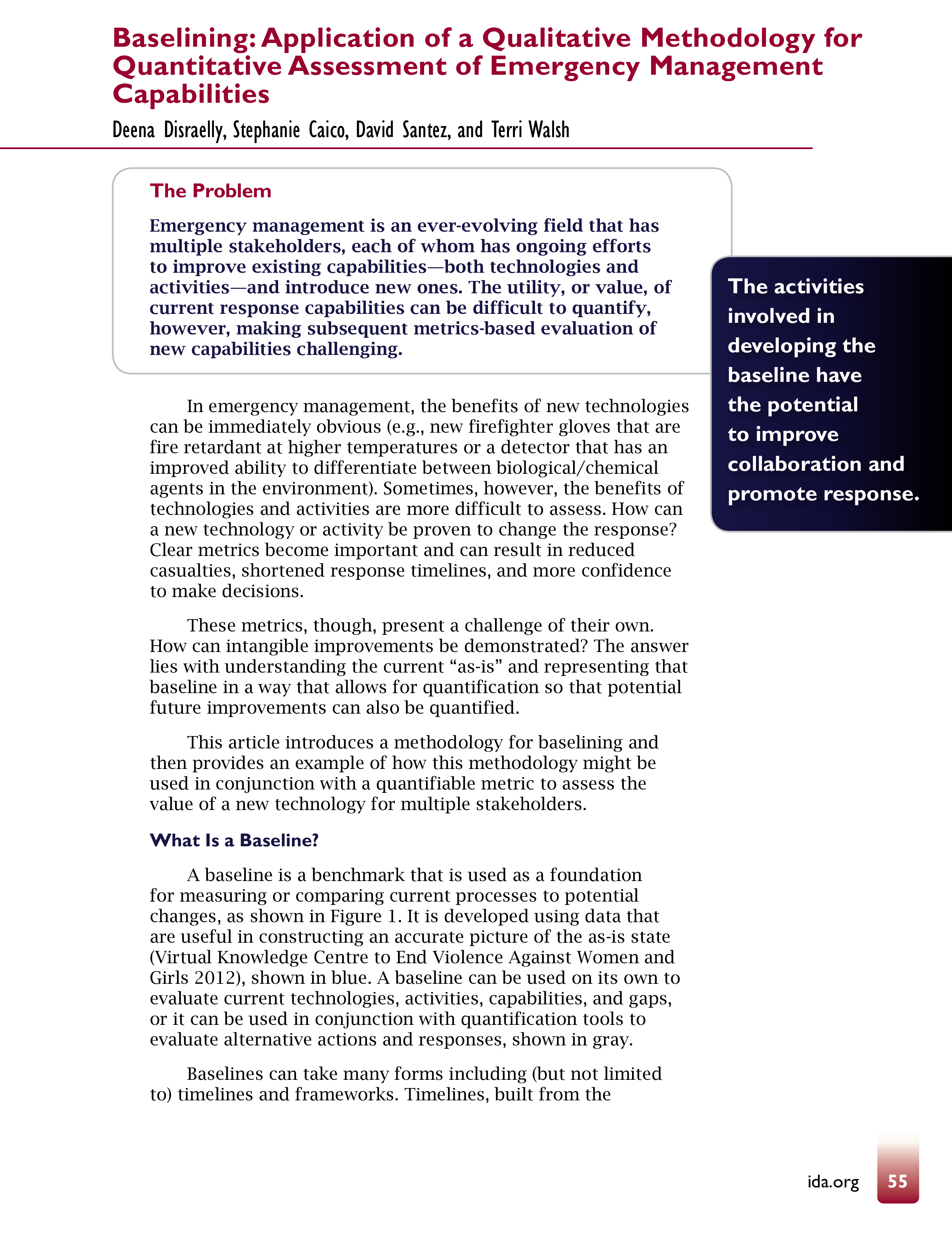 Baselining: Application of a Qualitative Methodology for Quantitative Assessment of Emergency Management Capabilities