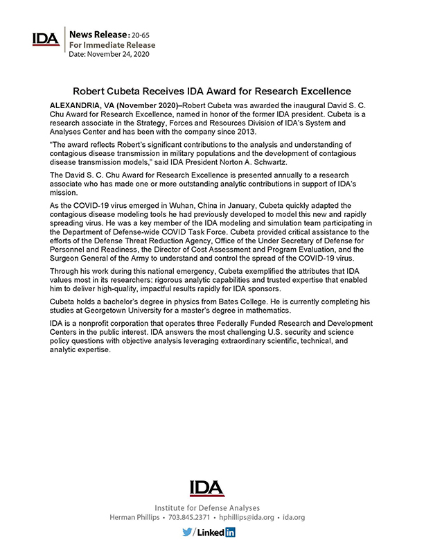 document cover, Robert Cubeta Receives IDA Award for Research Excellence