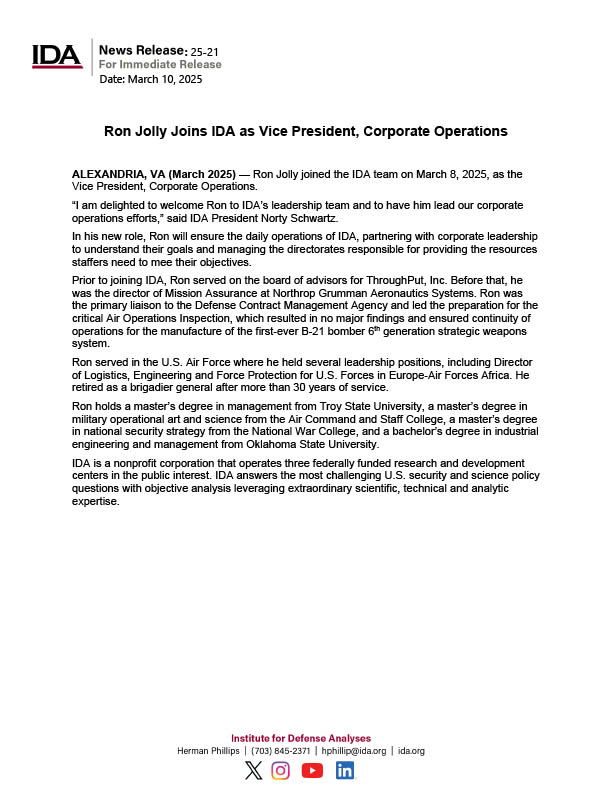 Ron Jolly Joins IDA as Vice President, Corporate Operations