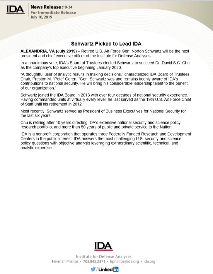 News Release - Schwartz Picked to Lead IDA 