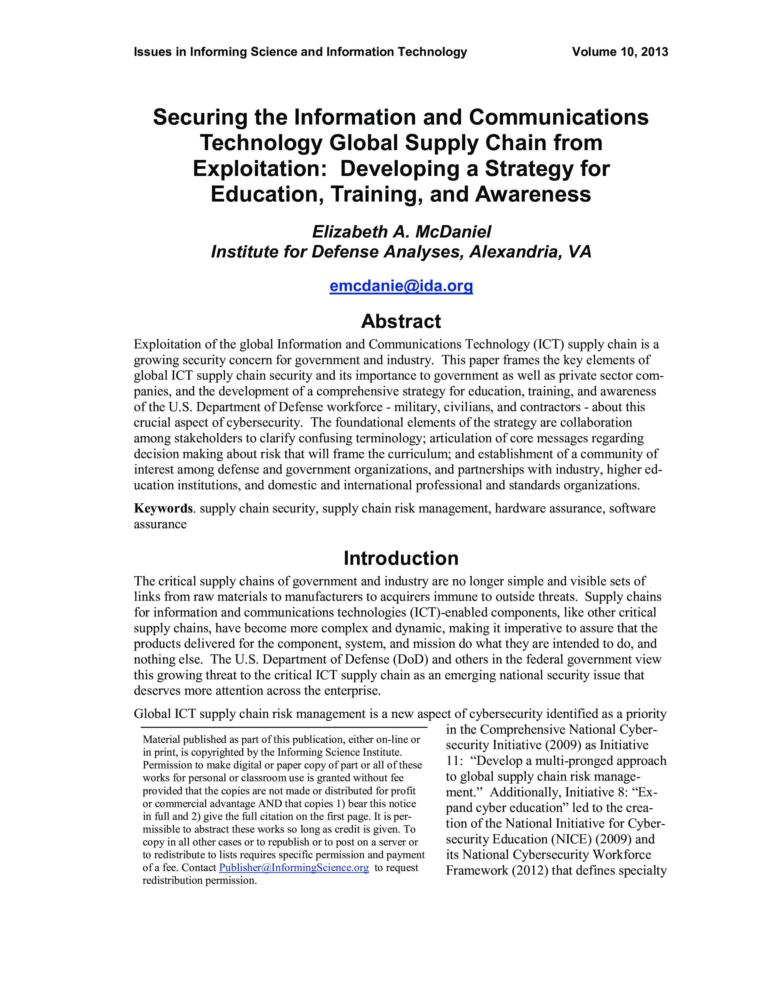 	Securing the Information and Communications Technology Global Supply Chain from Exploitation: Developing a Strategy for Education, Training, and Awareness