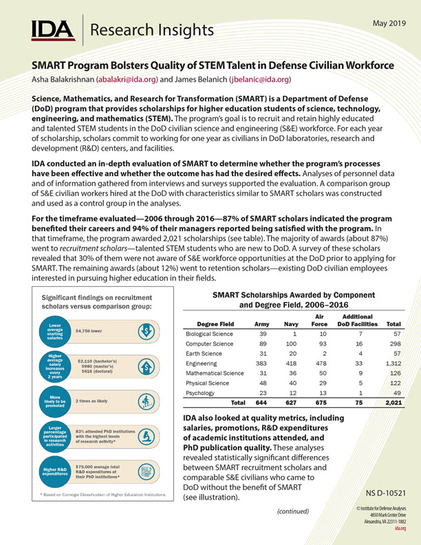 Research Insights - SMART Program Bolsters Quality of STEM Talent in Defense Civilian Workforce