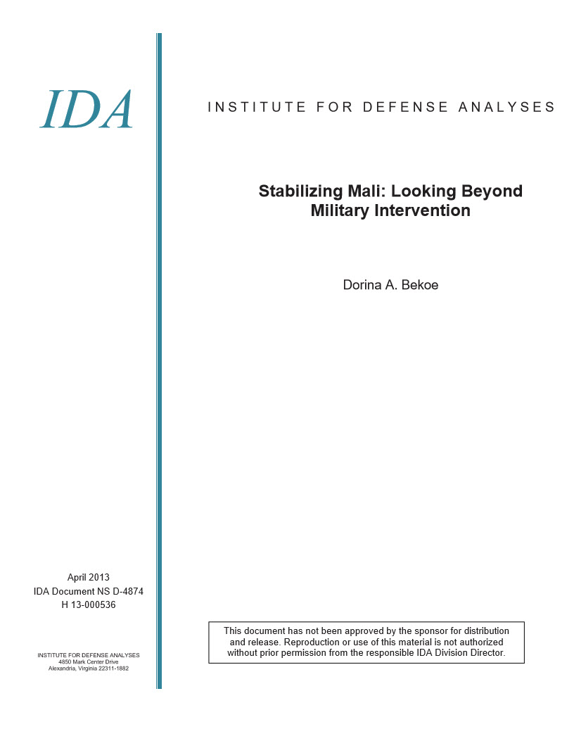 document cover, Stabilizing Mali: Looking Beyond Military Intervention
