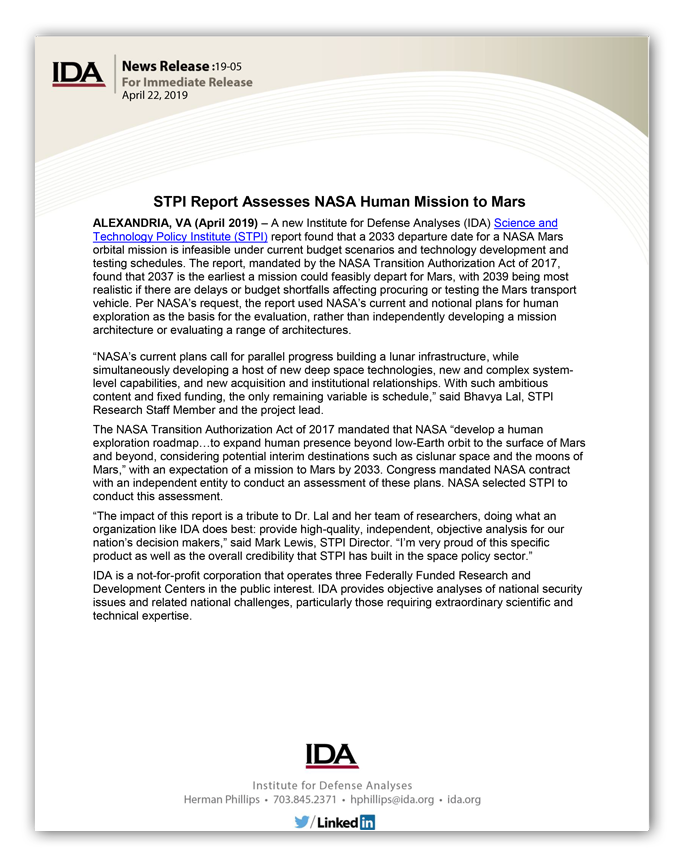 STPI Report Assess es NASA Human Mission to Mars