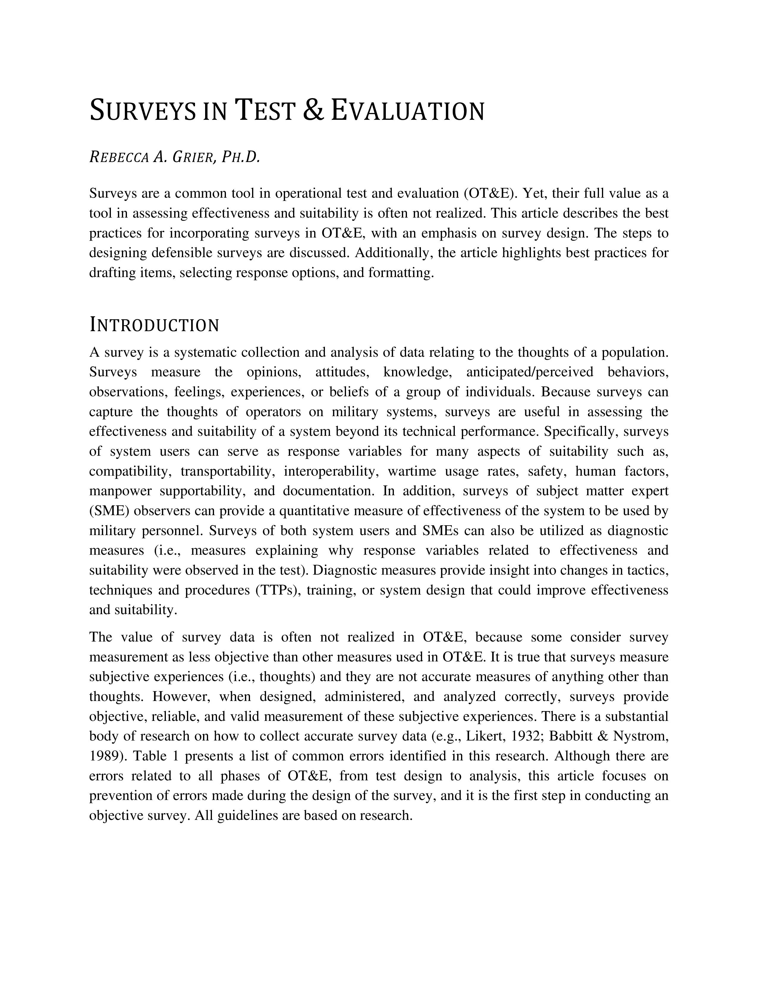 Surveys in Test  Evaluation snapshot