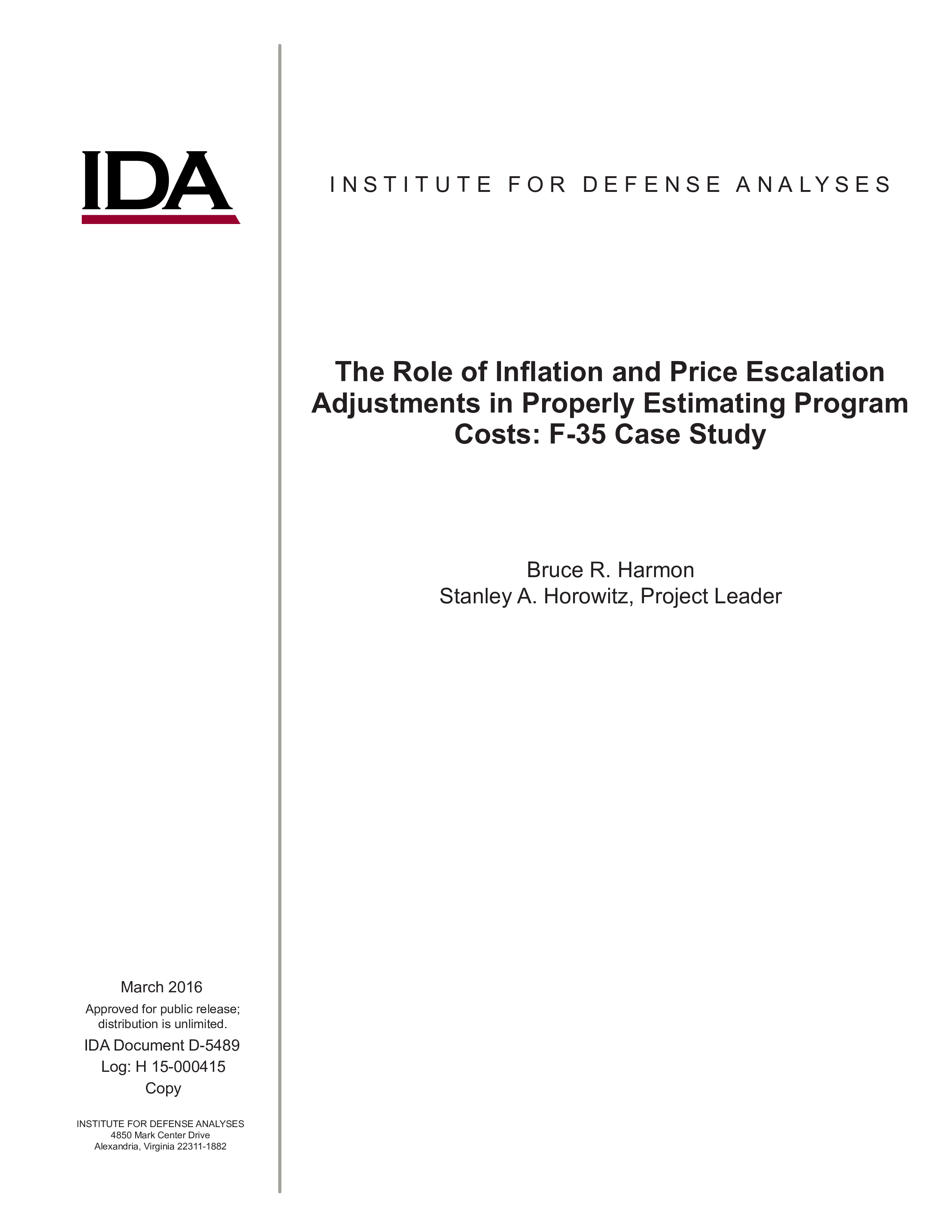 The Role of Inflation and Price Escalation Adjustments in Properly Estimating Program Costs: F-35 Case Study