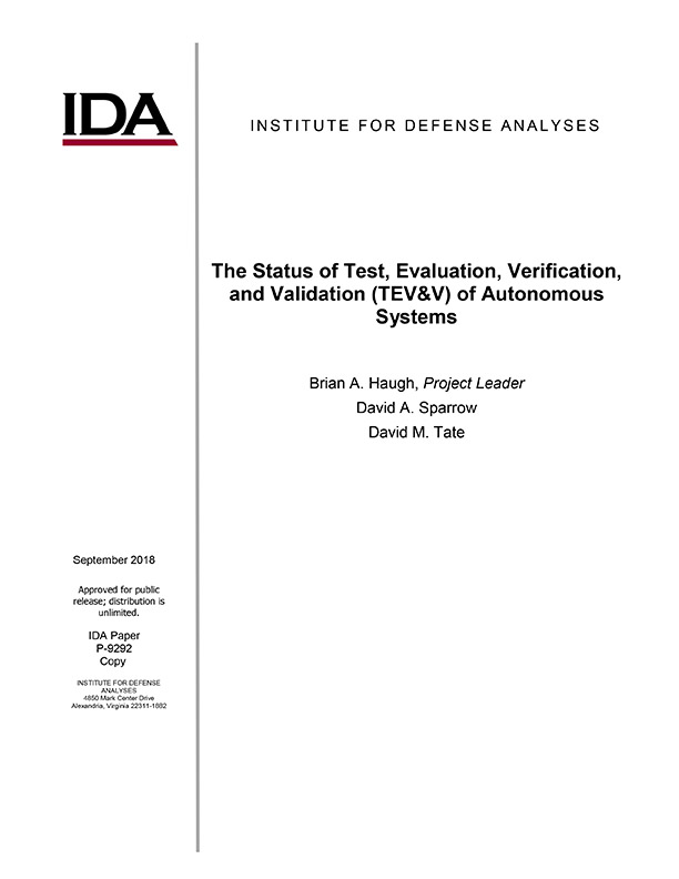 Cover image, The Status of Test, Evaluation, Verification, and Validation (TEV&V) of Autonomous Systems