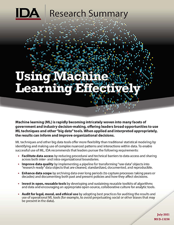 document cover, Using Machine Learning Effectively (IDA Research Summary)