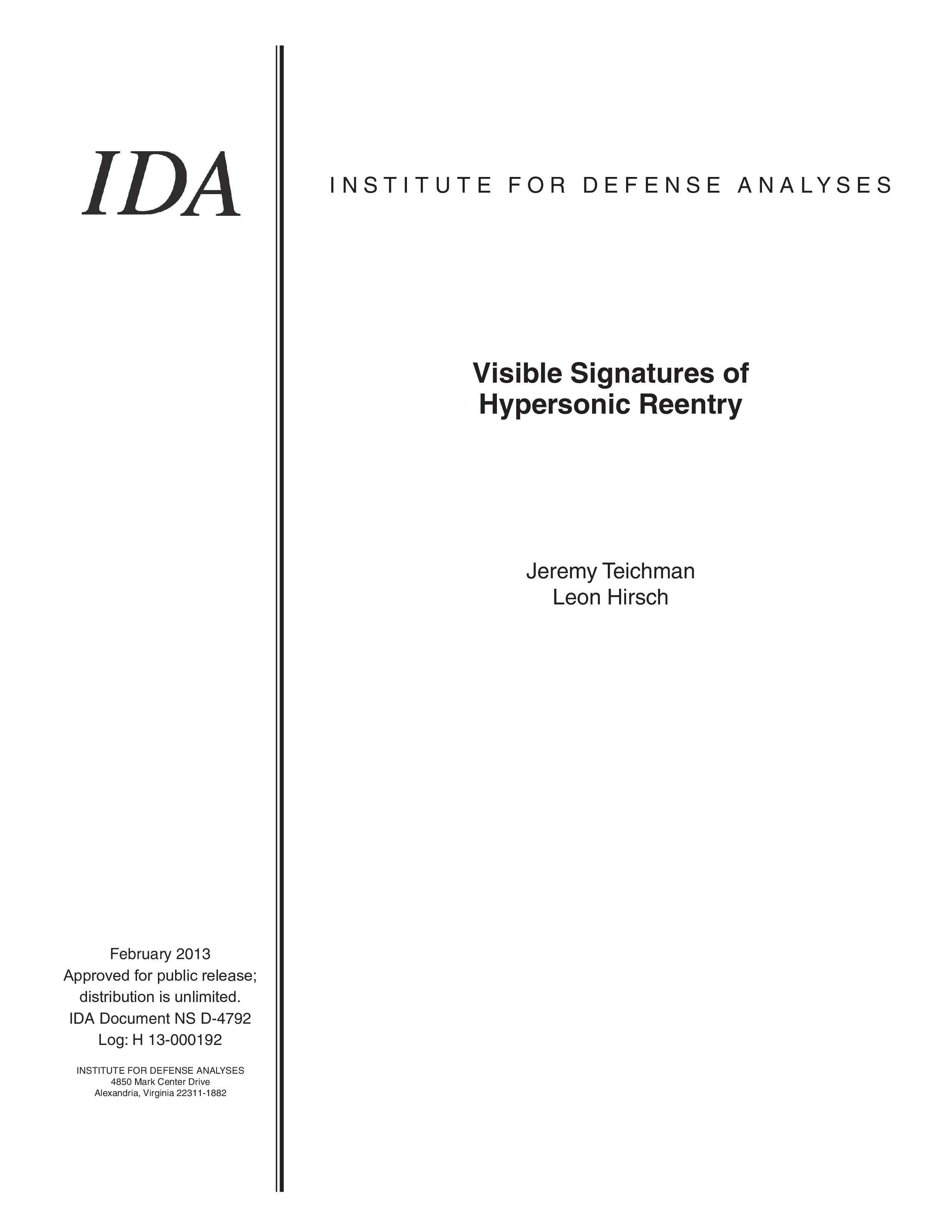 Visible Signatures of Hypersonic Reentry