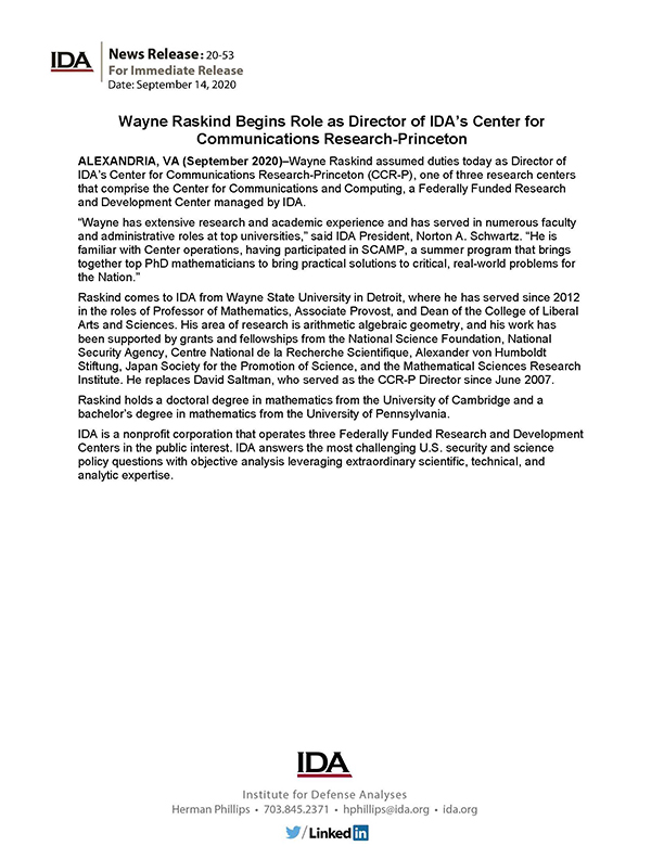 document cover, Wayne Raskind Begins Role as Director of IDA’s Center for Communications Research-Princeton