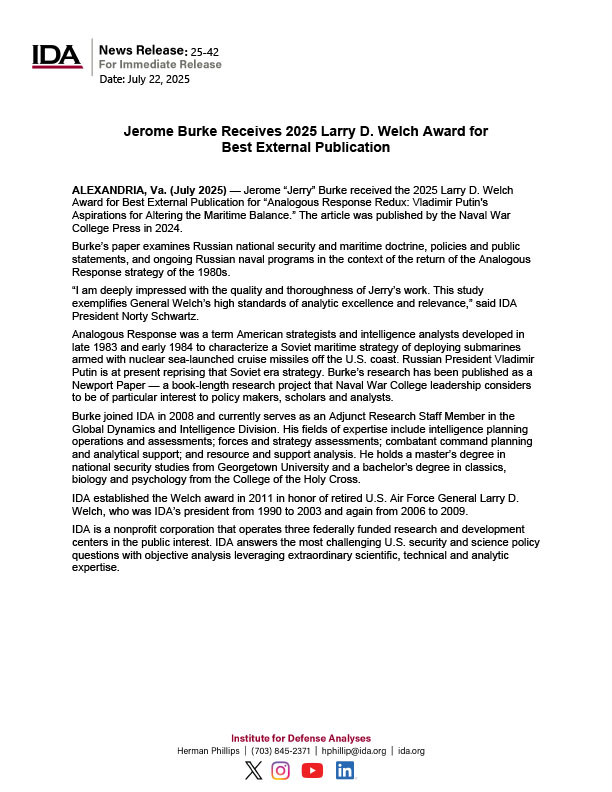 Jerome Burke Receives 2025 Larry D. Welch Award for Best External Publication