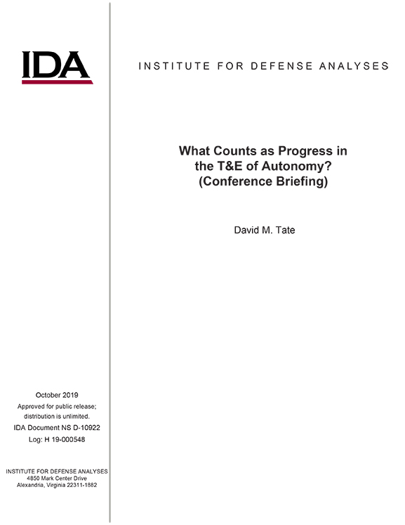 document cover, What Counts as Progress in the T&E of Autonomy-Conference Briefing