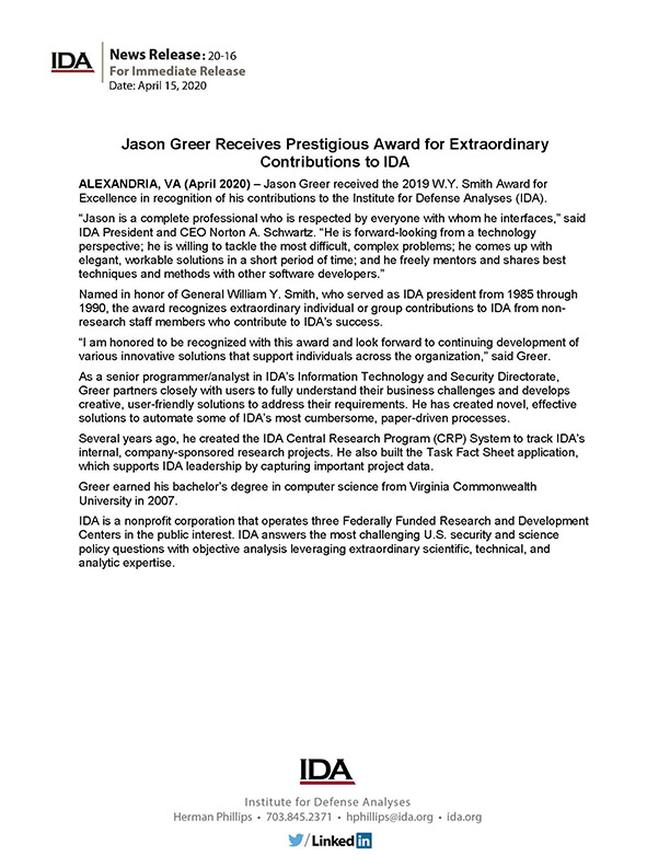 W.Y. Smith Award News Release