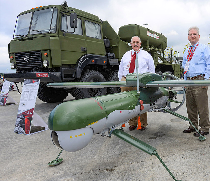 Andy Hull and David Markov at ARMY 2017 in August 2017 in Moscow Russia behind Pchela UAV